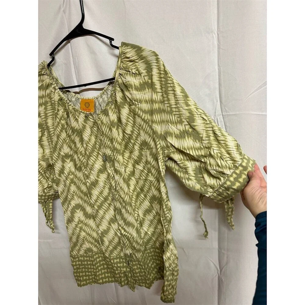Ruby Rd XL Green Abstract Print Peasant Boho Button Front Rayon Blouse - Picture 3 of 8